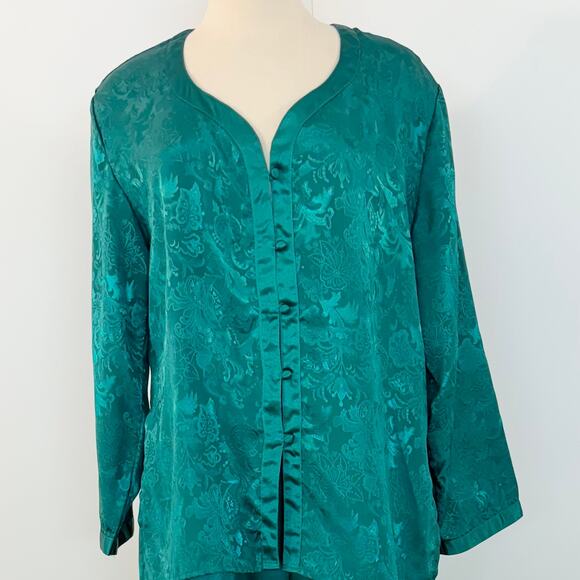 Victoria's Secret Vintage Gold Label Pajama SET Green Satin Jacquard Floral | M - Picture 2 of 14